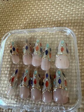 Gemstone Accent Nude Press-On Nail Set with Multicolor Details